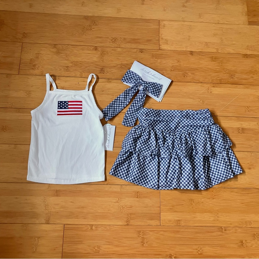 NWT Girls Size 10/12 Patriotic 4th of July Outfit - Top & Skorts & Hair Bow